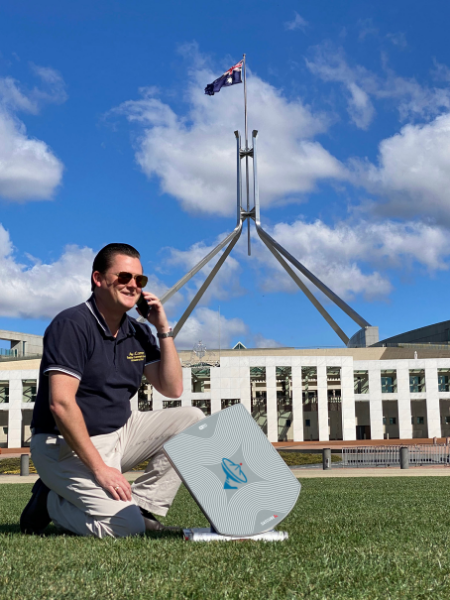 Satcube portable satellite dish outside Australia Parliament House